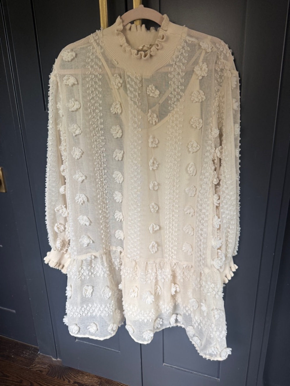Cream Textured Floral Appliqué Tunic Dress